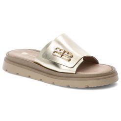 Złote Klapki Armodo Stylowe Płaskie Obuwie Damskie. Żółte klapki damskie Armodo, bez wzorów, z jeansu, eleganckie, bez obcasa, na płaskiej podeszwie. Za 289.00 zł.