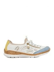 Rieker Półbuty N42K6-80 Biały. Białe półbuty damskie Rieker, bez wzorów, z materiału, bez obcasa, na płaskiej podeszwie, bez zapięcia. Za 359.99 zł.