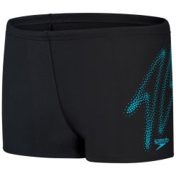 Bokserki kąpielowe dziecięce Speedo Hyper Boom Logo Placement Aquashort. Czarne kąpielówki dla chłopców Speedo, bez wzorów, z poliesteru. Za 122.99 zł.