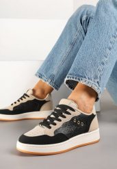 Czarno-Beżowe Streetwearowe Sneakersy Zdobione Przeszyciami Neonisea. Czarne obuwie sportowe damskie Renee, z aplikacjami, z jeansu. Za 79.99 zł.