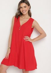 Czerwona Rozkloszowana Sukienka z Bawełny z Ozdobnymi Guzikami Folusae. Czerwone sukienki damskie Born2be, na co dzień, na lato, l, bez wzorów, z bawełny, eleganckie, bez kołnierzyka, bez ramiączek, mini, proste. Za 44.99 zł.