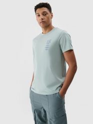 4F T-shirt regular z nadrukiem męski - turkusowy M. Niebieskie koszulki sportowe męskie 4f, m, bez wzorów, z bawełny, klasyczne, bez kołnierzyka. W wyprzedaży za 39.99 zł.