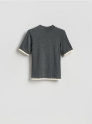 T-shirt z wiskozą - ciemnoszary. Szare t-shirty damskie Reserved, l, bez wzorów, z dzianiny, bez kołnierzyka. Za 69.99 zł.