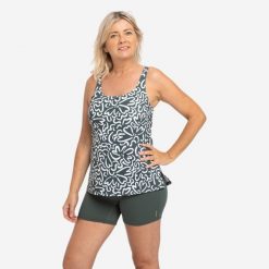 Strój jednoczęściowy pływacki damski Nabaiji Heva Ondu tankini i szorty. Zielone kostiumy jednoczęściowe damskie Decathlon, l, bez wzorów, z elastanu, sportowe, do pływania. Za 119.99 zł.