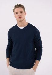 Sweter z dekoltem w serek S-STIG. Niebieskie swetry przez głowę męskie Volcano, l, bez wzorów, z bawełny, bez kołnierzyka. Za 139.99 zł.