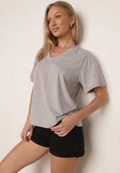 Szary T-shirt z Bawełny z Trójkątnym Dekoltem Siliphe. Szare bluzki damskie Born2be, uniwersalny, bez wzorów, z bawełny, biznesowe, bez kołnierzyka, bez ramiączek. Za 79.99 zł.