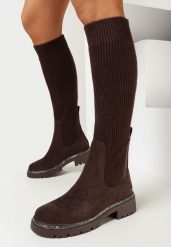 Brązowe Kozaki z Elastyczną Cholewką przed Kolano Marianes. Brązowe kozaki damskie Born2be, z dzianiny, przed kolano, bez obcasa, na obcasie. Za 159.99 zł.