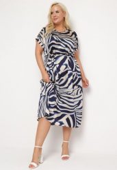 Beżowo-Granatowa Pudełkowa Sukienka Midi z Materiałowym Paskiem w Animal Print Ovita. Brązowe sukienki damskie Born2be, xl, bez wzorów, z materiału, bez kołnierzyka, bez ramiączek, maxi. Za 54.99 zł.