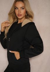 Czarna Bluza Rozpinana z Dodatkiem Bawełny Ozdobiona Kontrastowym Kapturem Arstoia. Czarne bluzy damskie Renee, l, bez wzorów, z bawełny, na fitness i siłownię. Za 74.99 zł.