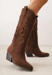 Brązowe Kozaki Kowbojki na Stożkowym Obcasie z Ażurową Cholewką Tidanna. Brązowe kozaki damskie Born2be, z jeansu, bez obcasa, na obcasie. Za 159.99 zł.