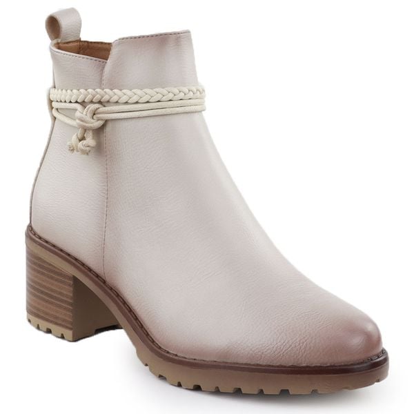 Botki ocieplane na klocku damskie beżowe Potocki Z25-SZ12690. Brązowe botki damskie POTOCKI, ze skóry ekologicznej, eleganckie, bez obcasa, bez zapięcia. Za 189.99 zł.
