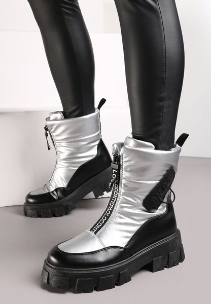 Srebrne Śniegowce z Ekoskóry z Ozdobnym Suwakiem i Napisem Veneria. Szare śniegowce i trapery damskie Renee, z jeansu. Za 79.99 zł.