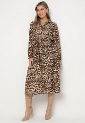 Brązowa Sukienka z Wiskozą o Koszulowym Kroju z Wiązanym Paskiem w Panterkę Raivenne. Brązowe sukienki damskie Born2be, l, bez wzorów, z wiskozy, eleganckie, bez kołnierzyka, bez ramiączek, midi, koszulowe. Za 129.99 zł.