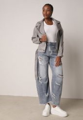 Niebieskie Bawełniane Jeansy Balloon z Wysokim Stanem i z Prztarciami Dziurami Typhaea. Niebieskie jeansy damskie Born2be, z podwyższonym stanem. Za 119.99 zł.