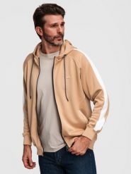 Rozpinana męska bluza z kapturem i lampasami - beżowa V4. Brązowe bluzy męskie Ombre Clothing, m, z aplikacjami, z dzianiny, z kapturem. Za 189.99 zł.
