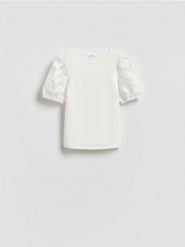 Bluzka z dodatkiem modalu - biały. Białe bluzki damskie Reserved, l, bez wzorów, z bawełny, bez kołnierzyka, bez ramiączek. Za 99.99 zł.