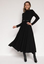 Czarna Rozkloszowana Sukienka z Dzianiny z Wiskozą z Długim Rękawem i Paskiem Tusmina. Czarne sukienki damskie Born2be, na co dzień, m, bez wzorów, z dzianiny, eleganckie, bez kołnierzyka, bez ramiączek, maxi, rozkloszowane. Za 169.99 zł.