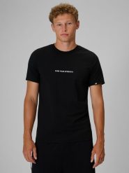4F T-shirt slim z nadrukiem męski - czarny S. Czarne koszulki sportowe męskie 4f, m, bez wzorów, z bawełny, klasyczne, bez kołnierzyka. Za 59.99 zł.