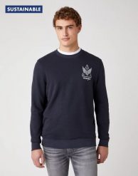 MĘSKA BLUZA WRANGLER GRAPHIC CREW DARK NAVY W6E2HAXAE 112130727. Niebieskie bluzy męskie Wrangler, m, bez wzorów, bez kaptura. Za 149.99 zł.