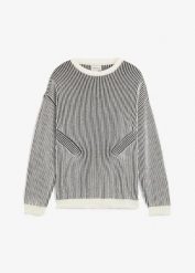 Sweter z prążkowanej dzianiny z mieszanki bawełny, luźny krój. Czarne swetry przez głowę męskie bonprix, m, bez wzorów, z bawełny, bez kołnierzyka. Za 114.99 zł.