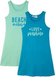 Sukienka z dżerseju (2 szt.), z czystej bawełny organicznej. Niebieskie sukienki dla dziewczynek bonprix, bez wzorów, z bawełny, bez ramiączek. Za 74.99 zł.