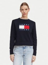 Tommy Jeans Sweter Intarsia Flag Badge DW0DW22316 Granatowy Relaxed Fit. Niebieskie swetry damskie Tommy Jeans, m, bez wzorów, z bawełny, bez kołnierzyka, bez ramiączek, bez kaptura. Za 409.99 zł.