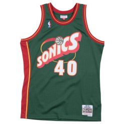 Koszulka NBA Seattle Supersonics Shawn Kemp. Zielone koszulki sportowe męskie Mitchell & Ness, bez wzorów, bez kołnierzyka, bez ramiączek, do koszykówki. W wyprzedaży za 424.50 zł.