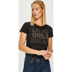 Liu Jo - Top. Czarne topy damskie Liu Jo, z nadrukiem, z bawełny, z okrągłym kołnierzem, z krótkim rękawem. Za 369.90 zł.