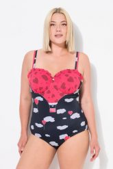 Damski Strój kąpielowy serca falbanka fiszbiny miękkie miseczki. Czarne kostiumy jednoczęściowe damskie Ulla Popken, plus size, bez wzorów, z elastanu, plus size, do pływania. Za 279.99 zł.