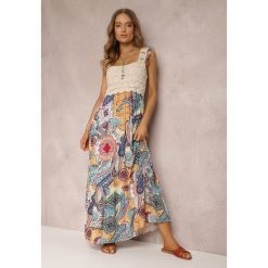 Beżowo-Niebieska Sukienka Grayah. Niebieskie sukienki damskie Renee, m, z aplikacjami, z tkaniny, boho, bez kołnierzyka, bez ramiączek, maxi, rozkloszowane. Za 84.99 zł.