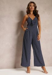Granatowy Kombinezon Phaedrelaia. Niebieskie sukienki damskie Renee, na imprezę, l, z aplikacjami, z tkaniny, eleganckie, bez kołnierzyka, bez ramiączek, maxi. Za 74.99 zł.