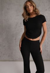 Czarny Tłoczony Komplet Spodnie Flare i Top z Marszczeniem w Talii Pimisia. Czarne spodnie materiałowe damskie Renee, m, bez wzorów, z materiału. Za 139.99 zł.