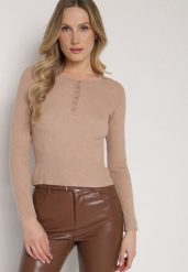 Beżowy Sweter z Wiskozą Zdobiony Metaliczną Nicią i Guzikami przy Dekolcie Lianola. Brązowe swetry damskie Born2be, s, z aplikacjami, z dzianiny, bez kołnierzyka, bez ramiączek, bez kaptura. Za 79.99 zł.