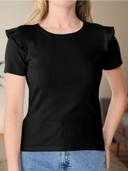 Prążkowana koszulka z falbankami - czarny. Czarne t-shirty damskie Sinsay, l, bez wzorów, prążkowane, bez kołnierzyka. Za 25.99 zł.