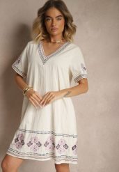 Fioletowa Pudełkowa Sukienka z Bawełny w Hafty w Stylu Boho Felkio. Fioletowe sukienki damskie Renee, na co dzień, l, bez wzorów, z bawełny, boho, bez kołnierzyka, bez ramiączek, mini, proste. Za 89.99 zł.