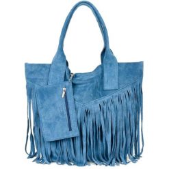 Shopperka boho skórzana VERA PELLE L83 niebieska. Niebieskie torebki do ręki damskie z aplikacjami, z materiału, boho, zamszowe, bez dodatków. Za 175.99 zł.