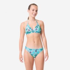 Kostium kąpielowy dwuczęściowy dla dzieci Decathlon 500 Tali Safi. Niebieskie stroje kąpielowe dla dziewczynek Decathlon, bez wzorów, z elastanu. Za 44.99 zł.