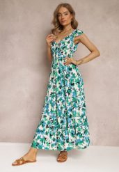 Zielona Kopertowa Sukienka Maxi w Kwiaty z Gumką w Pasie z Wiskozy Marielys. Zielone sukienki damskie Renee, l, bez wzorów, z tkaniny, bez kołnierzyka, bez ramiączek, maxi, kopertowe. Za 74.99 zł.