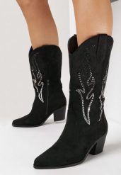 Czarne Botki Kowbojki w Cyrkonie Incandes. Czarne botki damskie Born2be, bez obcasa, na obcasie, bez zapięcia. Za 159.99 zł.