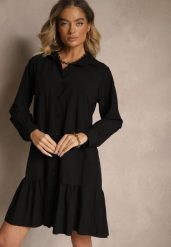 Czarna Koszulowa Sukienka z Wiskozą Zakończona Falbanką Tirzedi. Czarne sukienki dla dziewczynek Renee, bez wzorów, z wiskozy, eleganckie, bez ramiączek, długie. Za 79.99 zł.