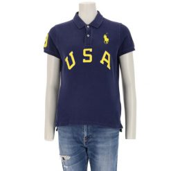 Damska koszulka polo z krótkim rękawem USA. Niebieskie koszulki sportowe damskie Ralph Lauren, l, bez wzorów, z materiału, bez kołnierzyka, bez ramiączek, do biegania. Za 170.36 zł.