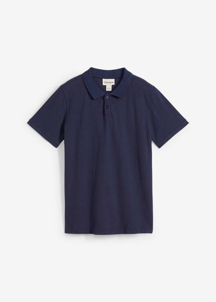 Koszulka polo z bawełnianej piki. Niebieskie koszule dla chłopców bonprix, bez wzorów, z bawełny, bez kołnierzyka, bez ramiączek. Za 39.99 zł.